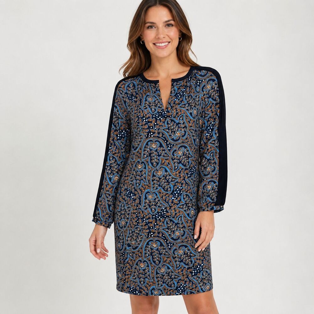 Tory Burch Silk Tunic Shift Dress Size 8 Blue Brown Paisley Print Long Sleeve
